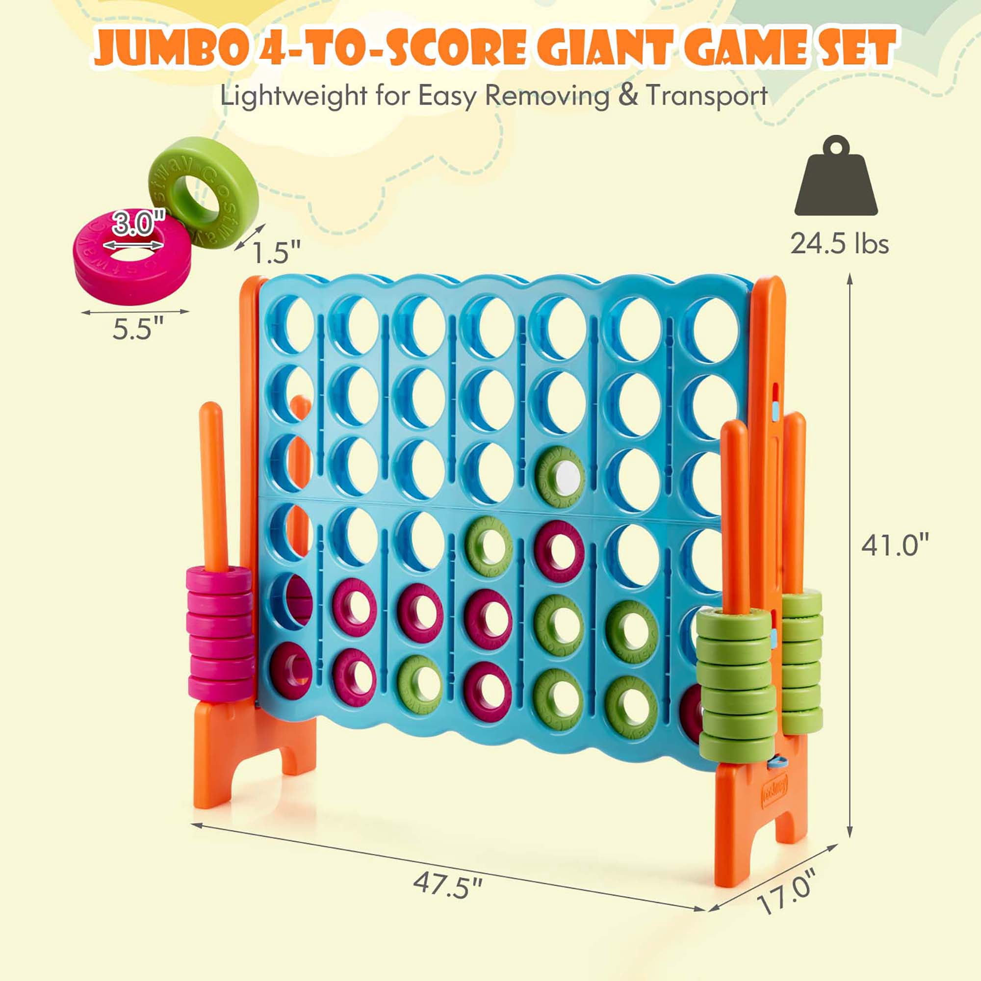 Gymax Jumbo 4-to-Score Game Set 4 in A Row Kids Adults w/ 42 Jumbo Rings Blue