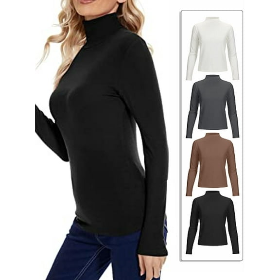Women Long Sleeve Mock Neck Shirt Seamless Stretch Turtleneck Top Slim Fitted Base Layer (Black,XL)
