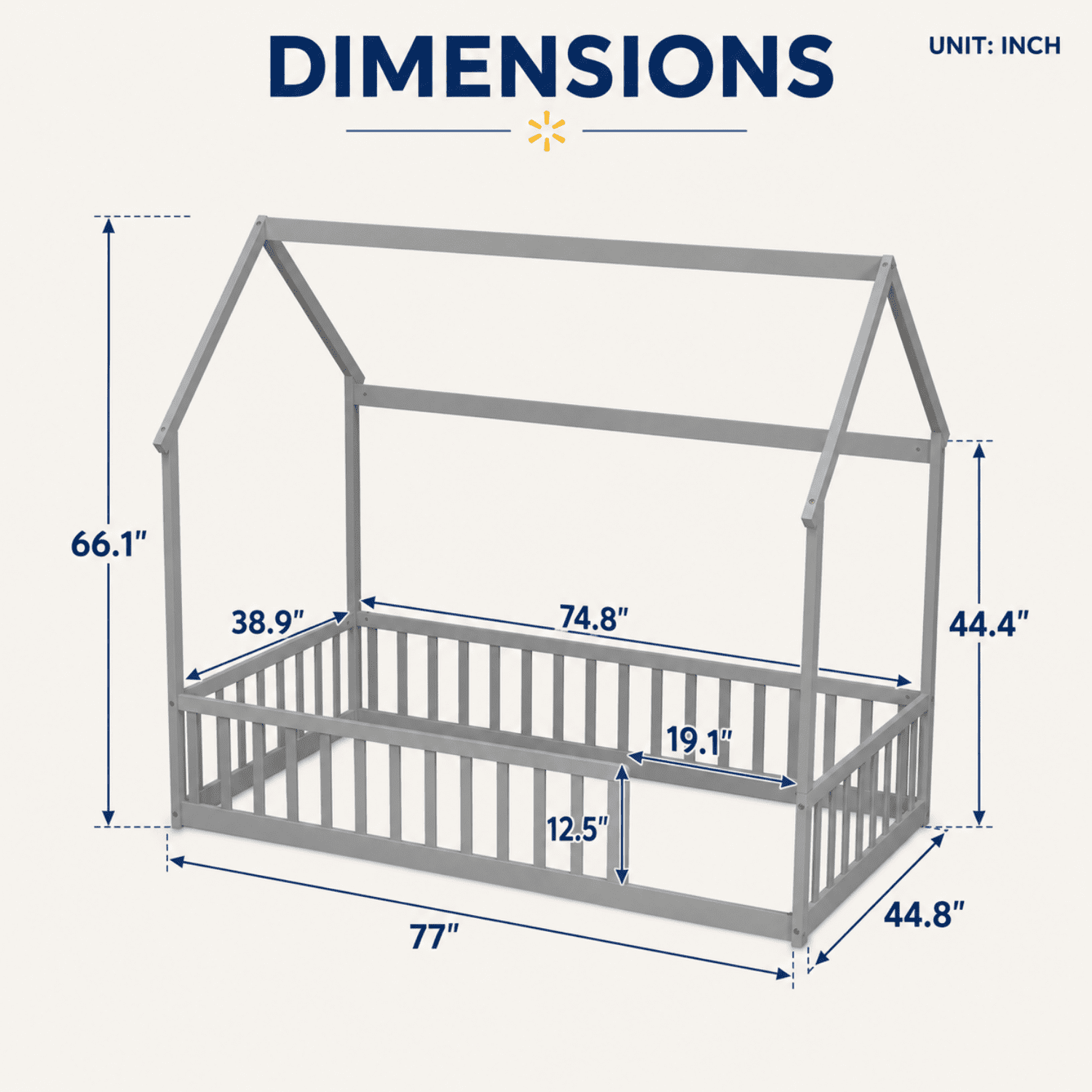 Miniyam Twin Size House Floor Bed for Kids, Wood Low Profile Bed Frame with Guardrails, Gray