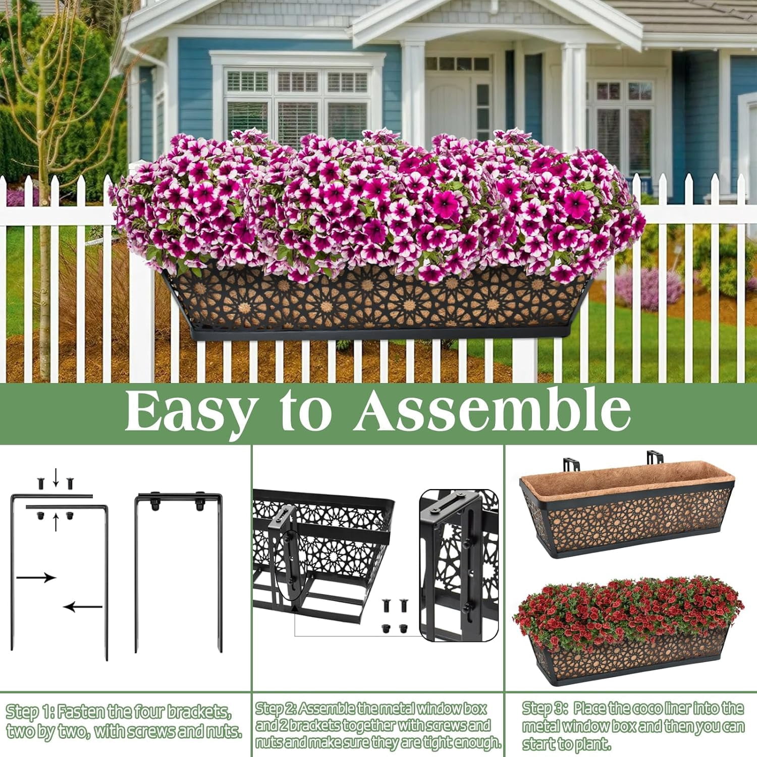 24 Inch Window Boxes Planters, 2 Pack Sturdy Metal Deck Flower Railing Planter Box with Coco Liners for Indoor Outdoor Decor, Adjustable Rail Planter for Window Fence Porch Balcony Patio Lawn