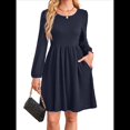 thumbnail image 1 of Vestido de Mujer con Mangas Largas Tipo Farol, Cuello Redondo, Falda Evasé, Moda de Otoño Azul Oscuro S, 1 of 7