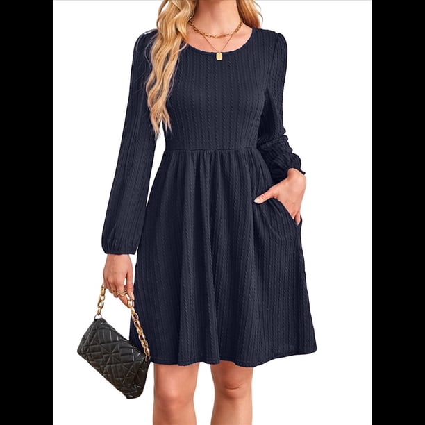 Vestido de Mujer con Mangas Largas Tipo Farol, Cuello Redondo, Falda Evasé, Moda de Otoño Azul Oscuro XL