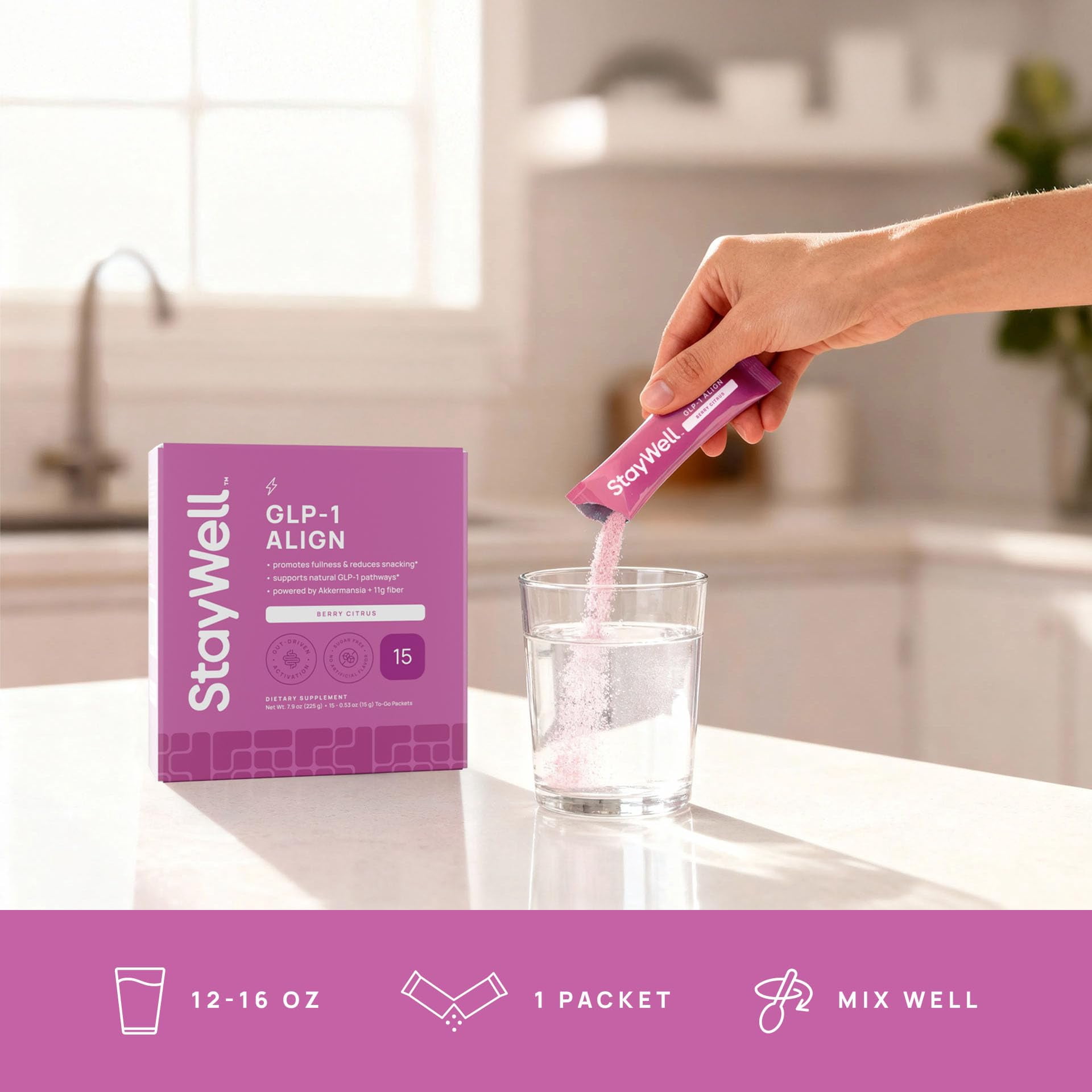 Stay-Well Naturals GLP-1 Probiotic | Akkermansia GLP-1 Supplement, Fiber GLP 1 Booster | Probiotic and Fiber Support with Inulin, Psyllium PHGG, and Soothing Ginger Extract - Berry Citrus 15 Ct.
