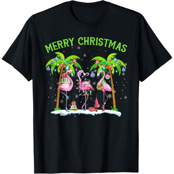 Merry Christmas Flamingo Xmas Palm Tree Light Tropical adult T-Shirt
