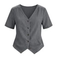 thumbnail image 5 of Nooxsoe Womens Cotton Linen Button Down Shirts V Neck Collarless Short Sleeve Full Wooden Button Front Curved Hem Breathable Gauze Blouse for Summer Office Beach Vacation Outfits Gray S, 5 of 5