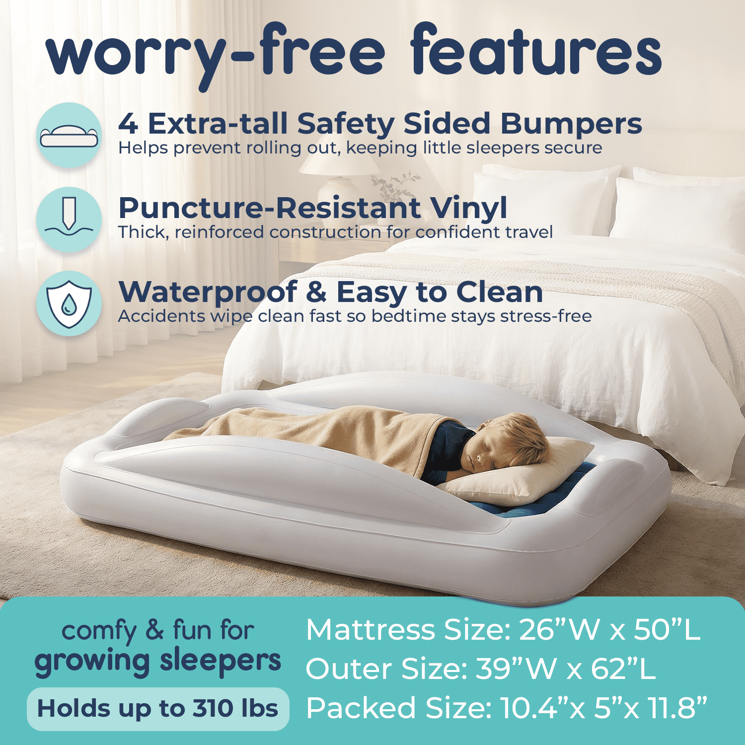 Hiccapop Inflatable Toddler Travel Bed with Safety Bumpers, 4-Sided Portable Toddler Bed for Kids, Toddler Air Mattress, Kids Air Mattress, Navy Blue