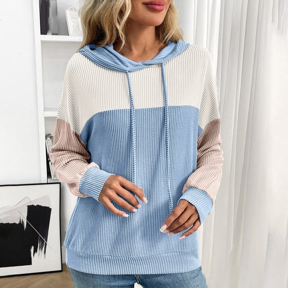 Womens Tops Plus Size Long Sleeved Hooded Color Blocked Twisted Strip Pullover Sweatshirt Sky Blue M