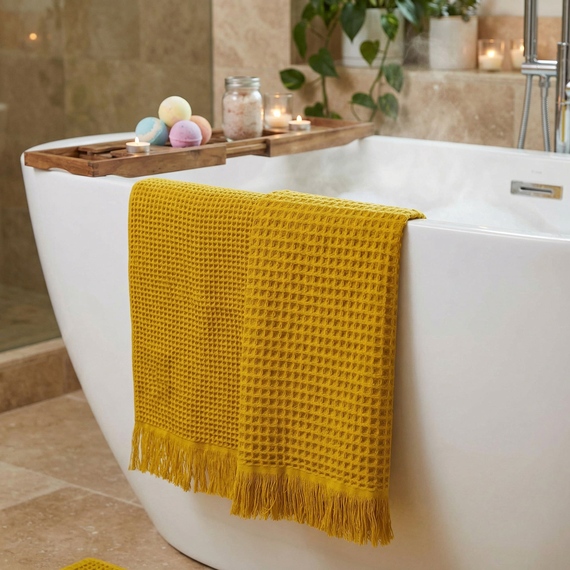 Unique Bargains Highly Absorbent Cotton Waffle Bath Towel with Tassel Yellow 71" x 35"