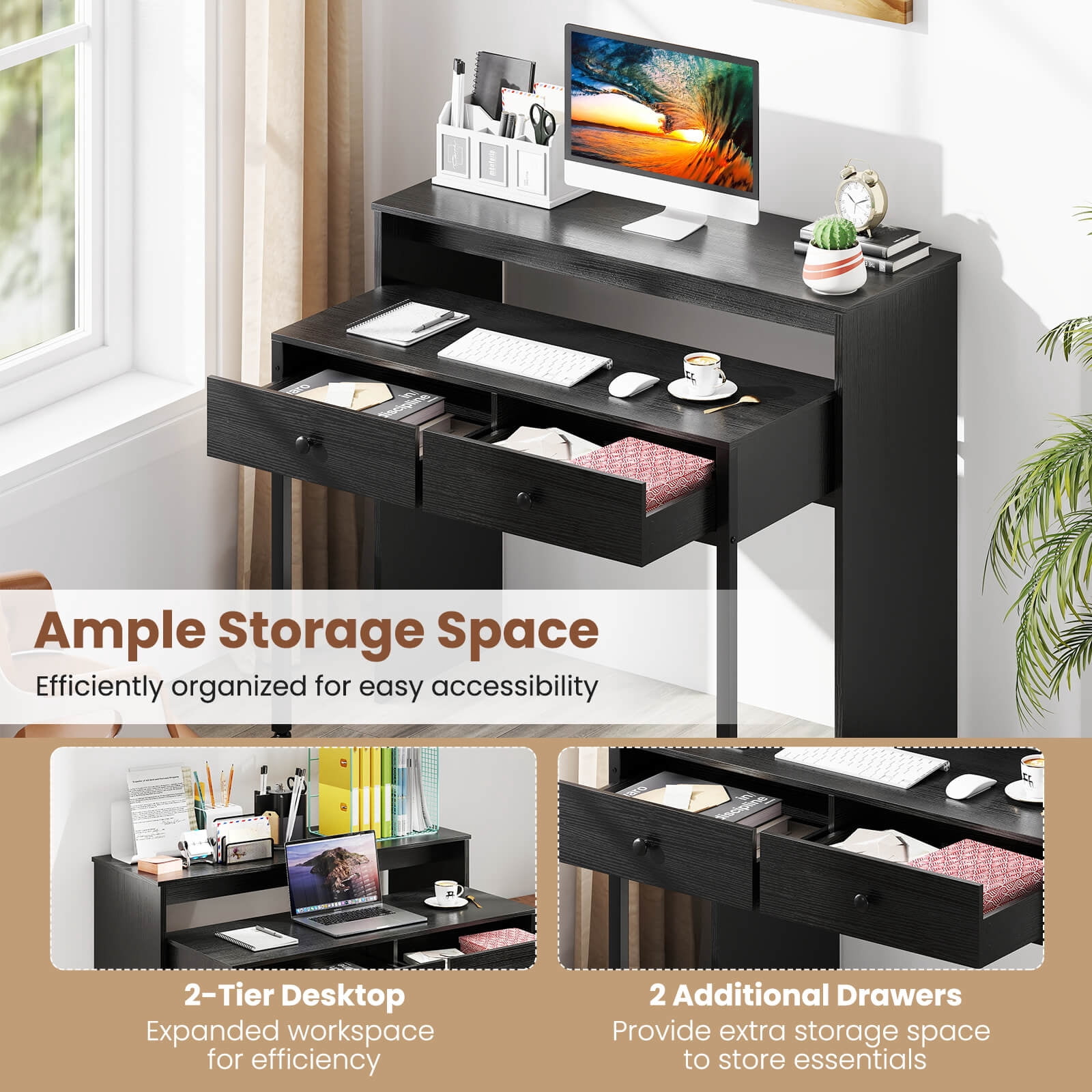 Costway 39.5" Expandable Rolling Computer Desk with Monitor Shelf 2-tier Desktop 2 Drawers Black