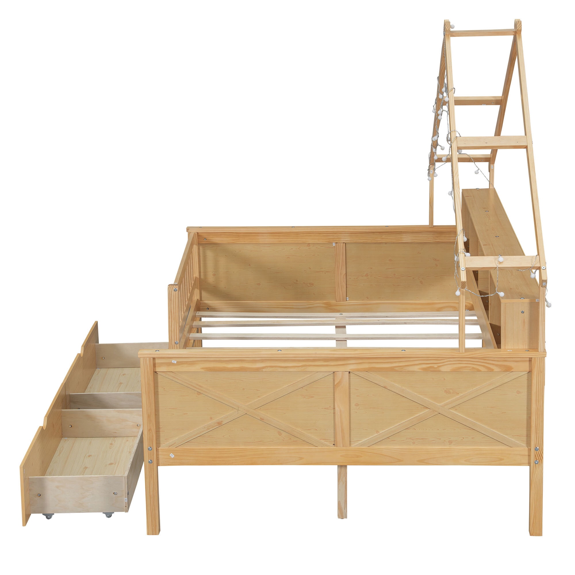 Euroco Wood Full Size Platform Bed with Drawers, House Bed with Storage and LED Light, Natural