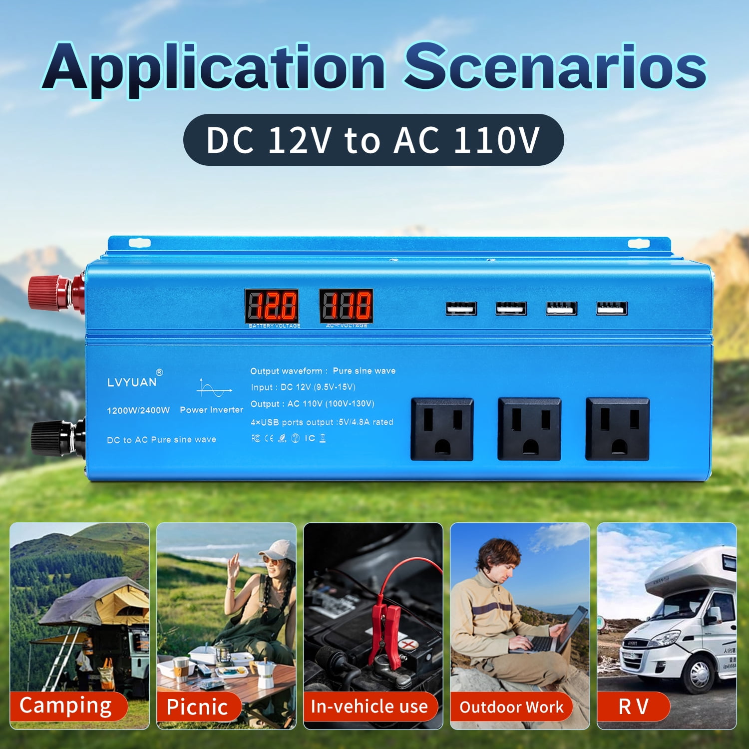 LVYUAN 1200W 2400W Peak Pure Sine Wave Power Inverter 12V to 110V DC to AC Converter with LED Display, 3 US Outlets, 4 USB, Ideal for Vehicles, RVs, Outdoor & Home Use