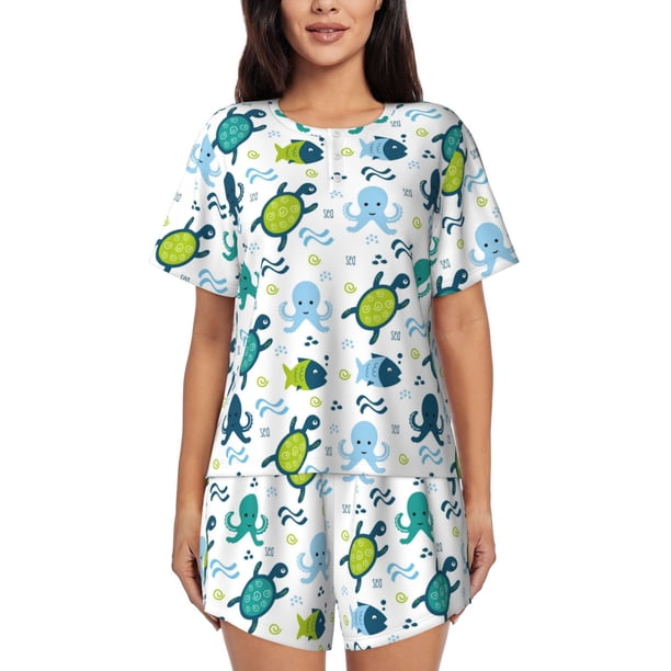 Fotbe Cartoon Sea Creatures Conjunto de Pijama Estampado para Mujer, 2 Piezas, Ropa de Dormir con Camiseta de Manga Corta y Shorts Suaves-XX-Large