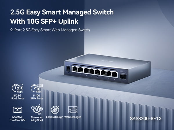 9-Port 2.5G Web Managed Ethernet Switch, VLAN/QoS/STP/IGMP/LACP Supported, Fanless Easy Smart 2.5Gb Network Switch, Aluminum Housing, Desktop/Wall-Mount
