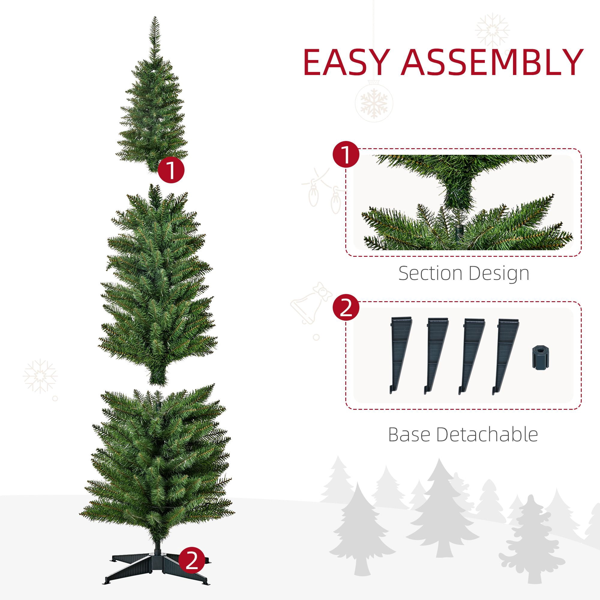 6 ft Pre-Lit Slim Artificial Pencil Christmas Tree with 200 Warm White LED Lights and 390 Tips, Indoor Holiday Decoration