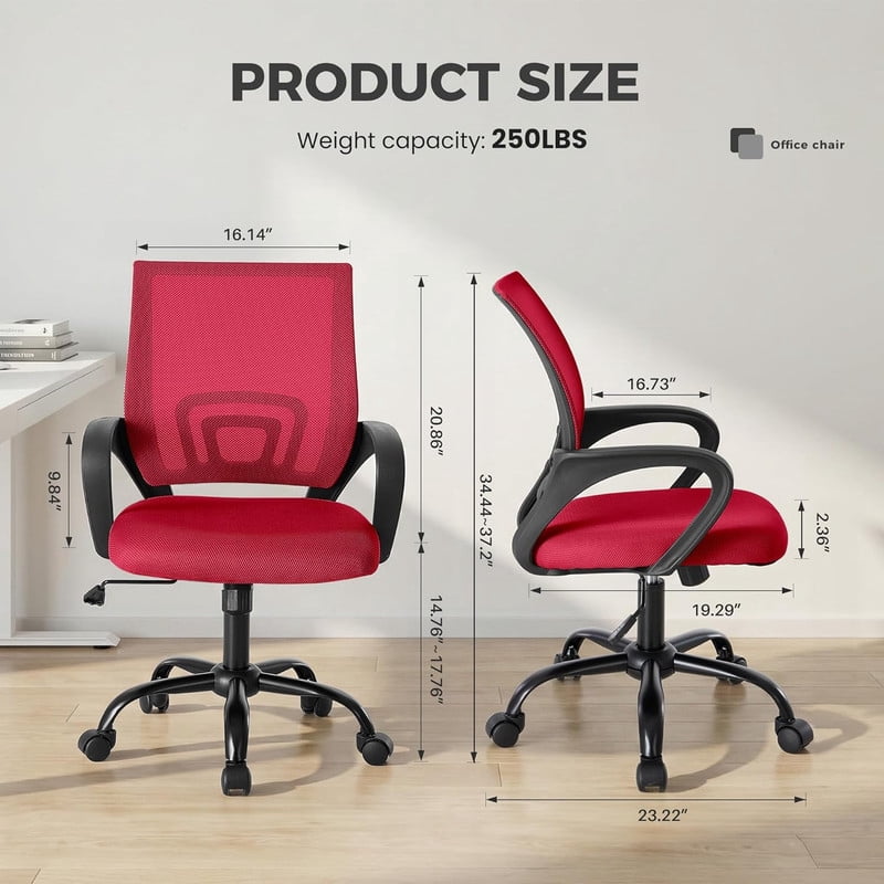 Simenmax Ergonomic Mid Back Office Chair, Red Mesh Computer Desk Chair with Lumbar Support, Rocking Mode for Home Office