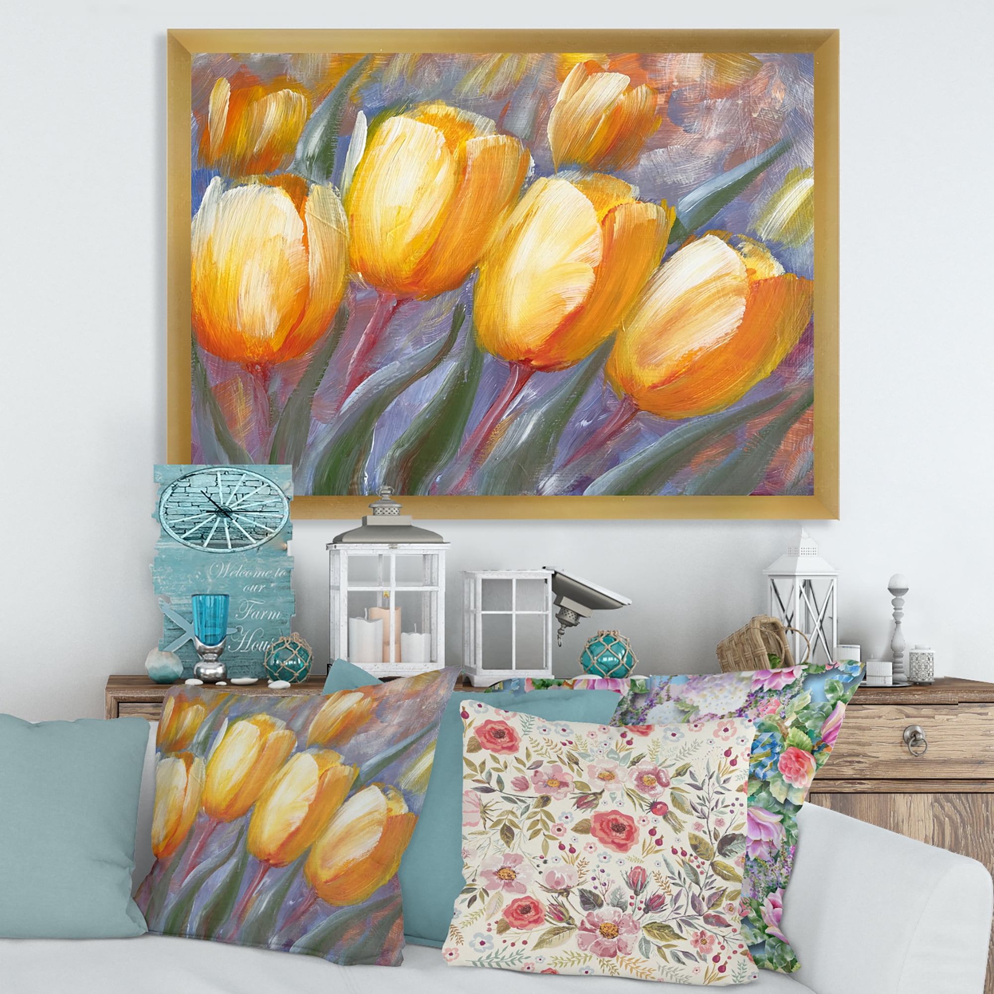Designart 'Abstract Yellow Blooming Tulips' Traditional Framed Art Print
