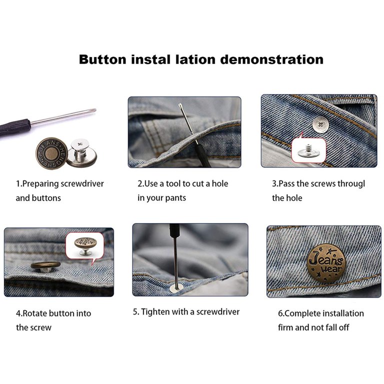 Iceyli 17mm Replacement Jeans Buttons, 12 Sets Perfect Fit Instant Adjustable Pants Button,No-Sew Nailess Removable Metal Buttons Replacement Repair