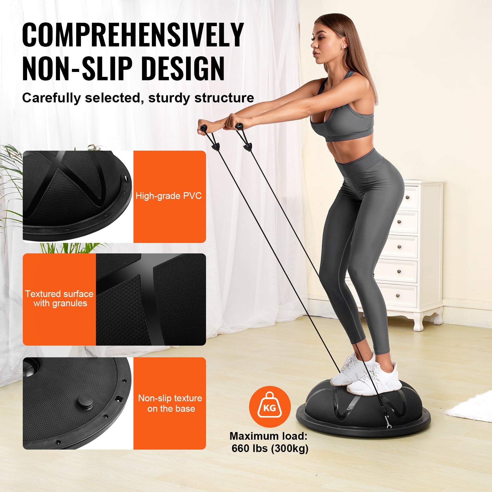 KFFKFF Semi Workout Sphere, 23-inch Equilibrium Sphere, 660 lbs Load-Bearing Fitness Orb, Yoga Sphere with Resistance Straps and Inflator, Robust Fitness Sphere for Domestic Gym