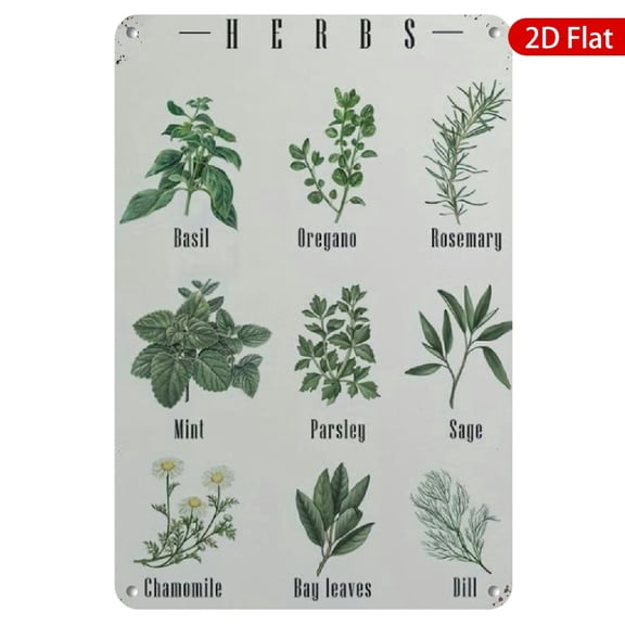 1pc Vintage Metal Wall Sign, 8x12 Inch, Featuring Beautifully Illustrated Herbs: Basil, Oregano, Rosemary, Mint, Parsley, Sage, Chamomile, Bay Leaves, Dill, Ideal for Kitchen Decor, Cafes