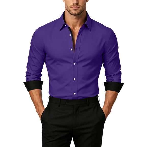 Stamzod Button Up Shirt Men Business Casual Color Block Long Sleeve Office Dress Shirts Men's Clothing Purple S