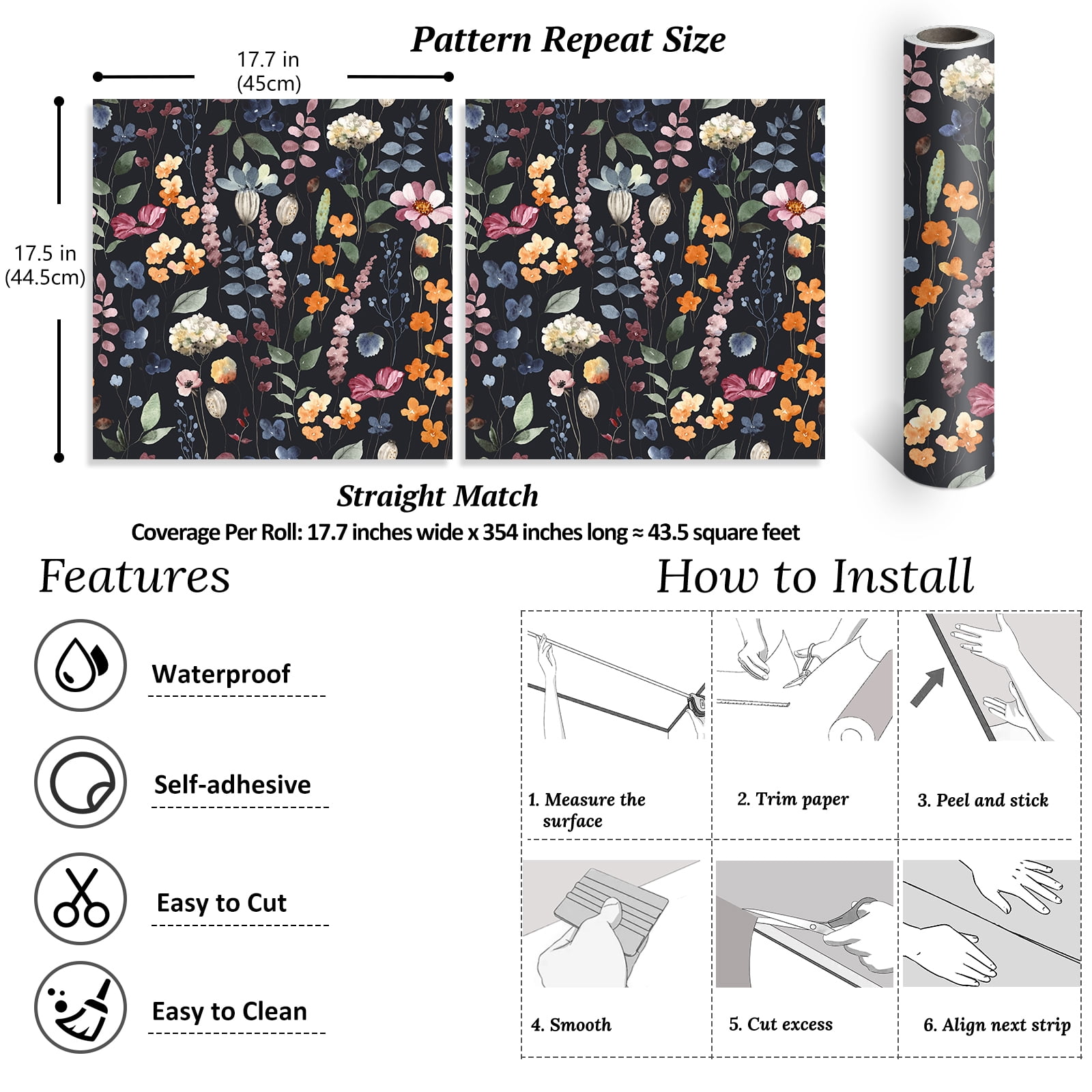 VEELIKE 17.7''x354'' Dark Pressed Flowers Floral Wallpaper Vintage Floral Peel and Stick Wallpaper for Bathroom Removable Wallpaper Decorative Contact Paper Mural for Bedroom Walls Cabinets Shelves
