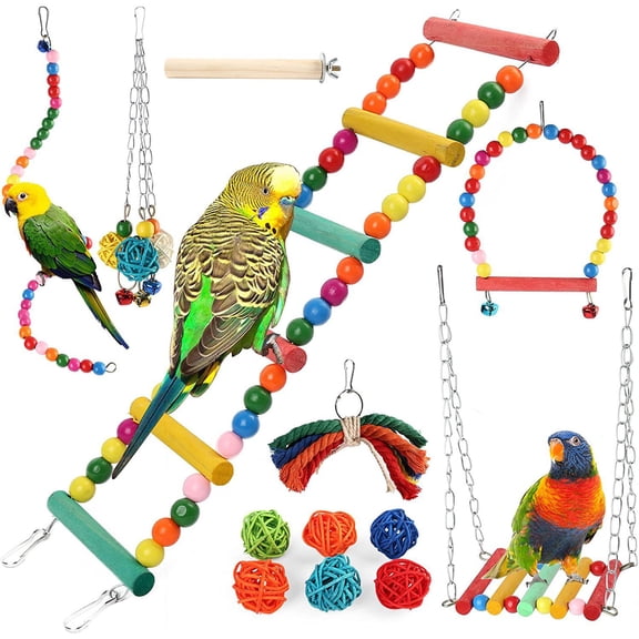 KOYPTL 13Pcs Swing Hanging Standing Chewing Toy Hammock Climbing Ladder Blocks Bells Set,Cage Decorative Colorful Toys Suitable for Budgerigar,Parakeet,Conure Bird Chicken Boring Playing Soothing Toy