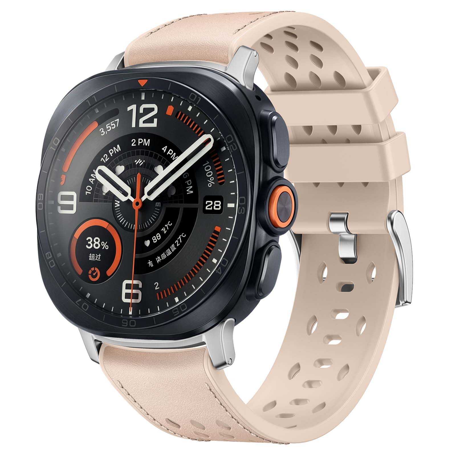 Dteck Leather Band for Samsung Galaxy Watch Ultra 2/Ultra 47mm, Soft Breathable Sport Silicone + Leather Replacement Strap,Apricot