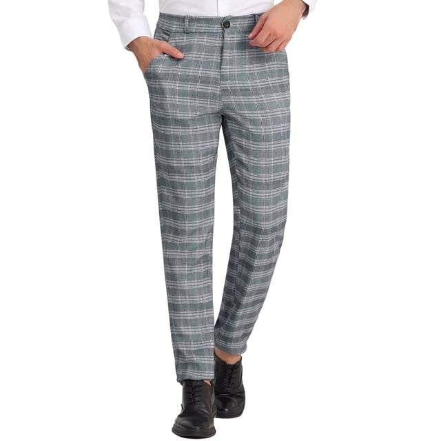 INSPIRE CHIC Pantalon Classique à Carreaux pour Homme, devant Plat, Bureau, Bal, 30 Gris Vert