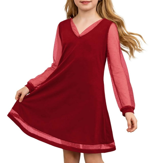 HXWCHs Robe de Demoiselle d'Honneur de Mariage Robe à Manches Longues Col en V pour Fille Robe de Fête Élégante Tenue Formelle pour Rouge 9-10 Ans