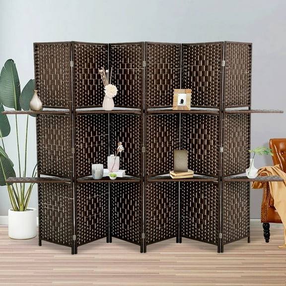 NiamVelo Room Dividers 6 Panel Folding Privacy Screen with Removable Storage Shelves Portable Wooden Screen, Brown