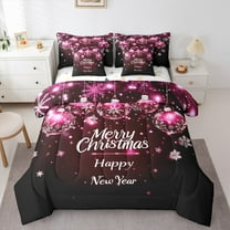 Manfei Cartoon Snowflake Tree Bedding Comforter Set 7pcs, Happy New Year Queen Bedding Sets, Pink Christmas Ball Reversible Queen Sheet Sets, Super Cozy Room Decor