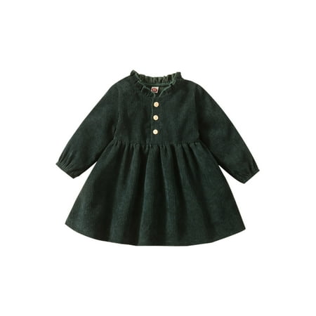 

Bowanadacles Kids Dress Girls Round Neck Long Sleeve Ruffled One-Piece for 1-4 Years