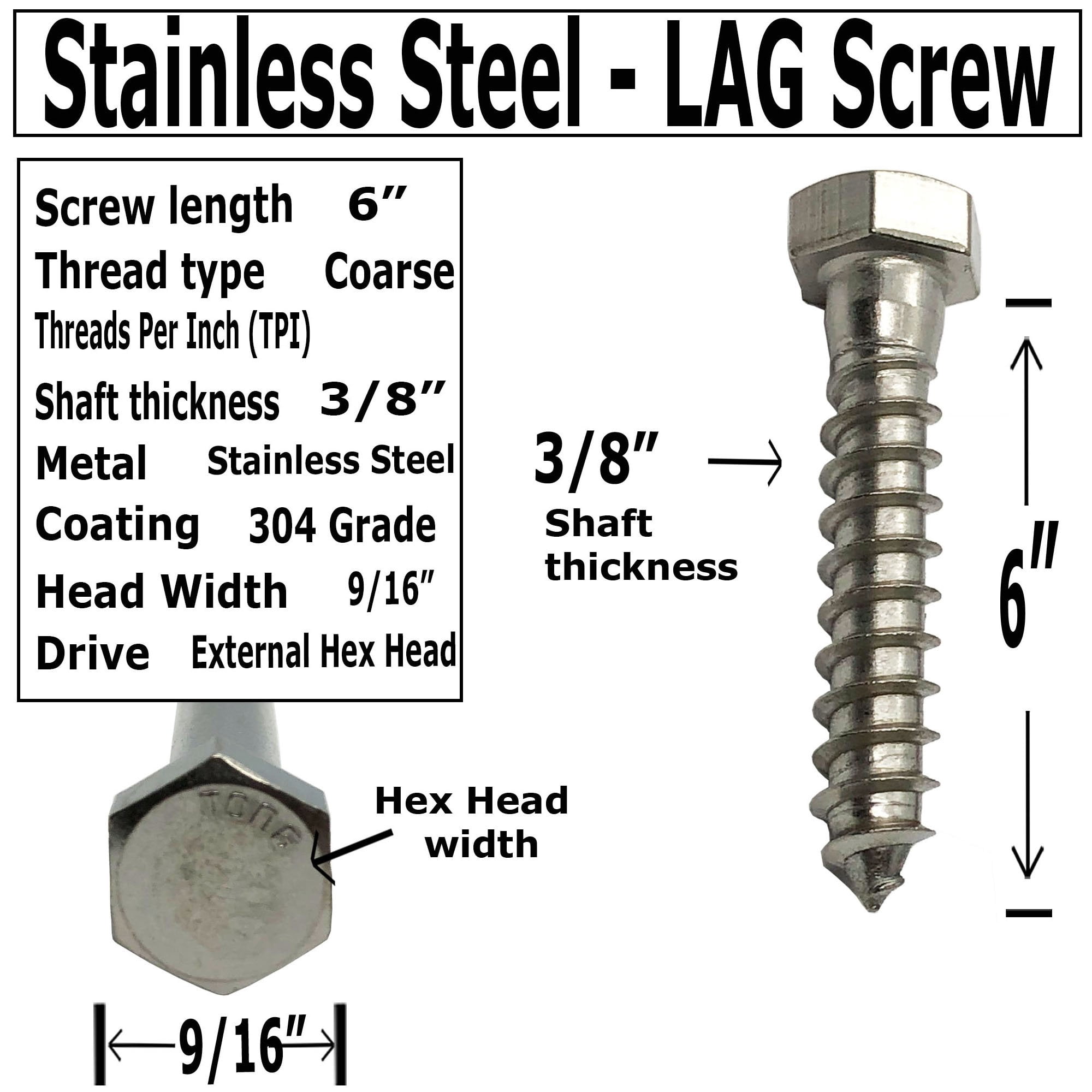 Brauny Boy Lag Screws Stainless Steel Hex Head 50 Pack 3/8 inch x 6 inch