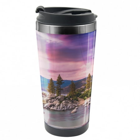 

Lake Travel Mug Secret Paradise Forest Steel Thermal Cup 16 oz by Ambesonne
