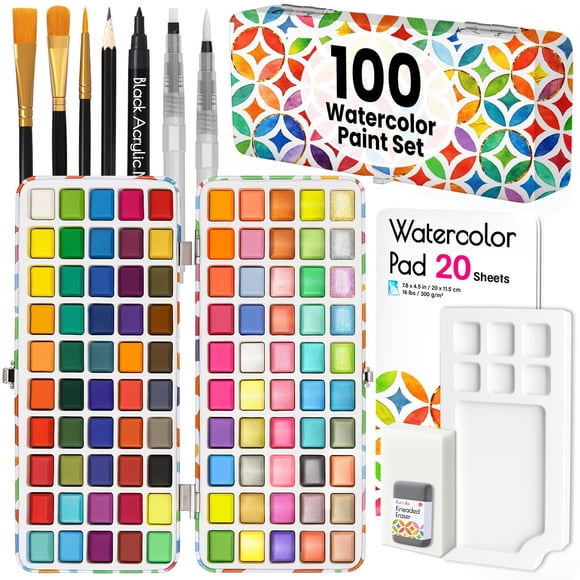 Funcils 100 Watercolor Paint Set - Water Colors Paint for Adult, Beginners, Professional Artists | Watercolor Palette with Paper, Brushes,