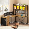 thumbnail image 3 of L Shaped Gaming Desk with Drawers, L Shaped Computer Desk with Hutch and Storage Shelves, Gaming Desk with Pegboard, Led Lights, and Power Outlet, Home Office Desk, Corner Desk, Rustic Brown, 3 of 8
