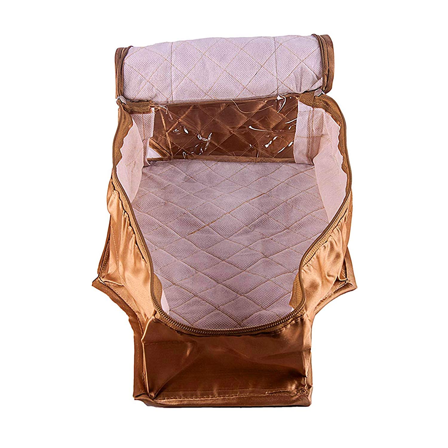 atorakushon Satin Fabric 3 Saree & 2 Blouse Covers Clothes Garments Storage Bag Wardrobe Organizers Strong Zippers & Transparent Window Set of 5 Gold
