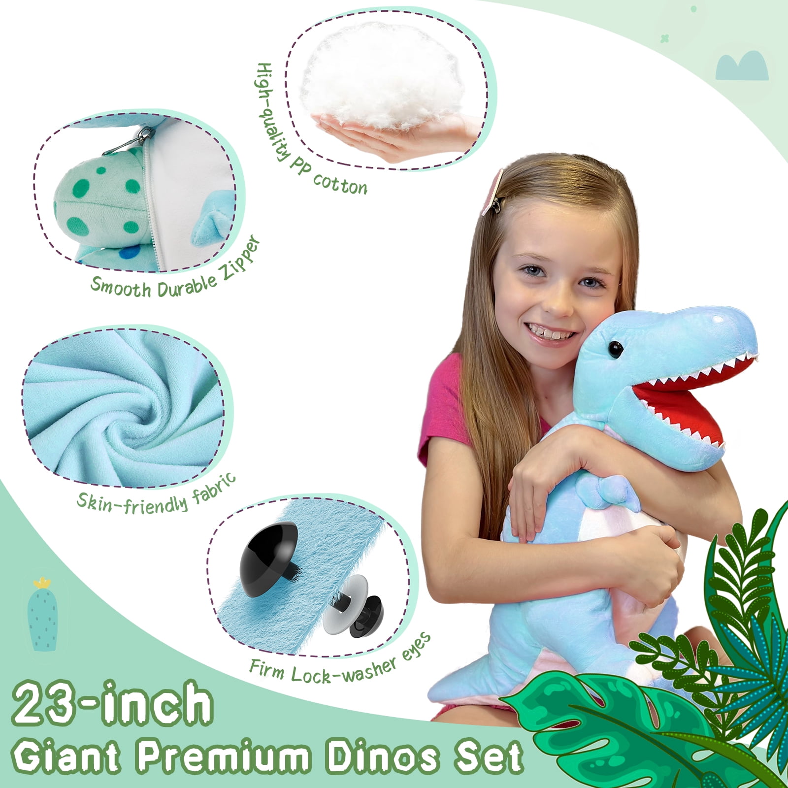 MorisMos 23.6" Blue Dinosaur Stuffed Animal Mommy Dinosaur with 3 Baby Plush Toys