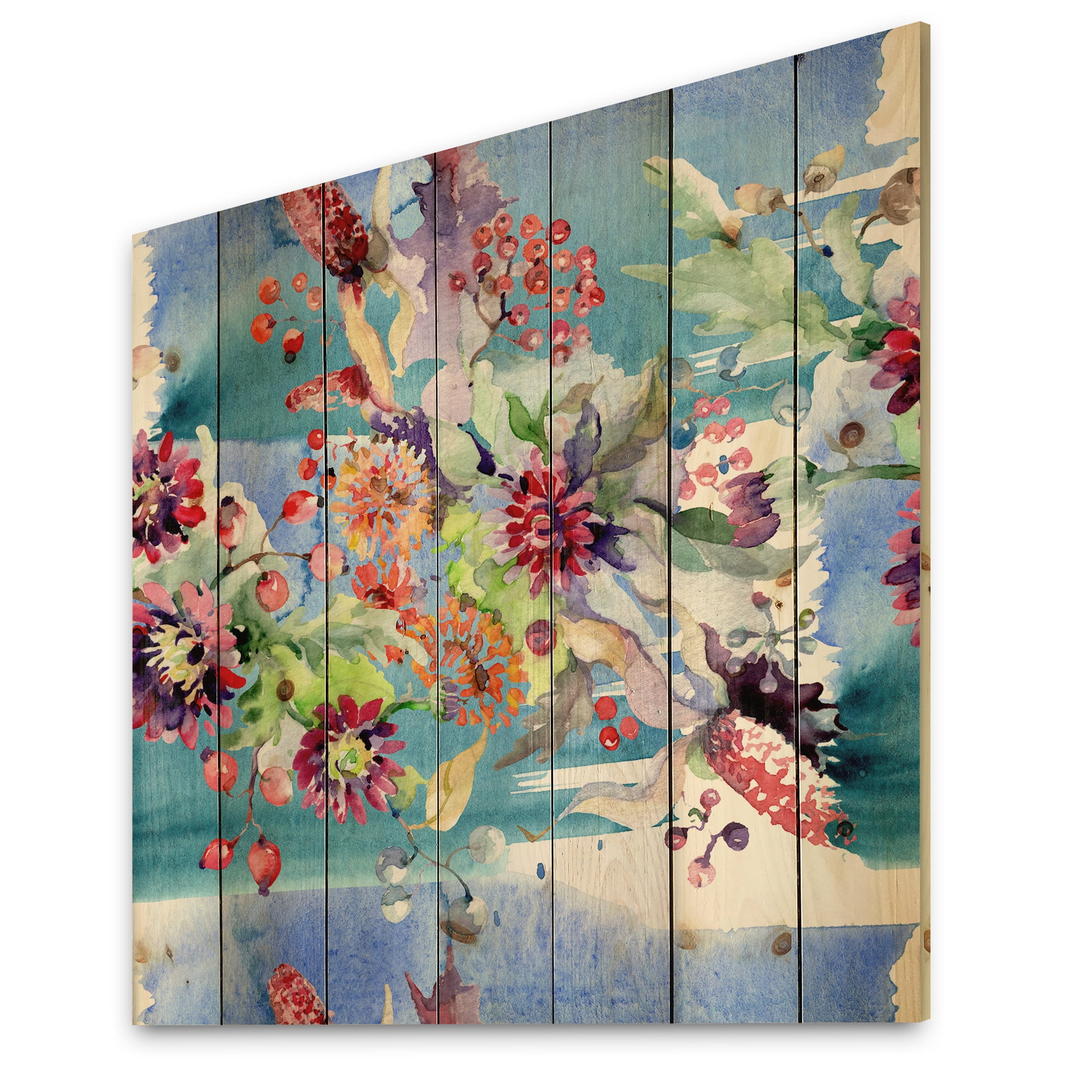 Designart 'Wildflowers and Vibrant Wild Spring Leaves XIII' Modern Print on Natural Pine Wood