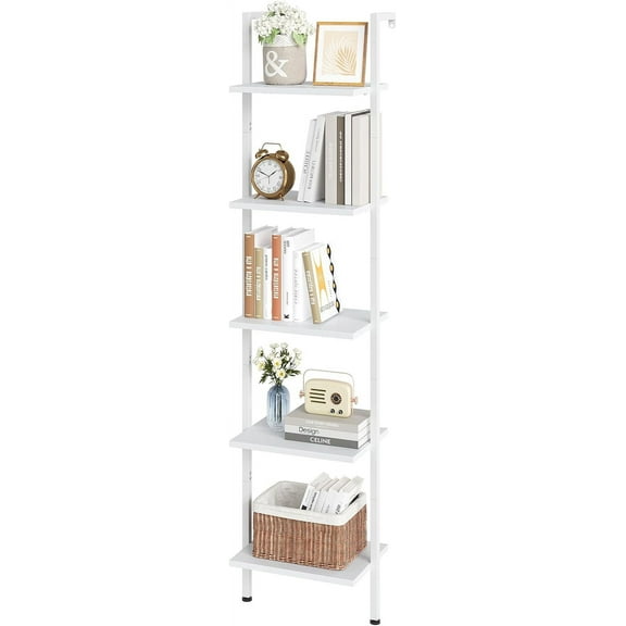 Ladder Shelf, White 5-Tier Wood Wall Mounted Bookshelf with Metal Frame, Modern Open Display Organizer Rack, Leaning Storage Shelves for Living Room, Bedroom, Home Office