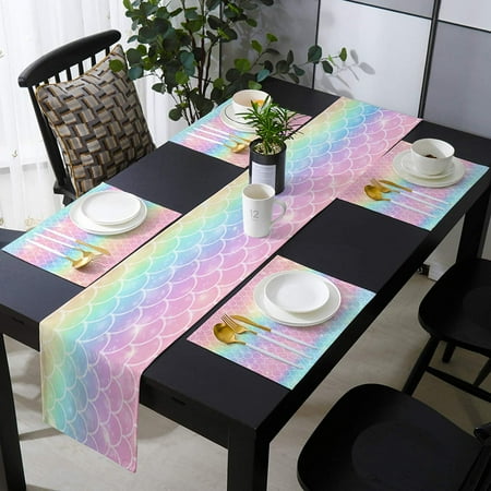 Iguohao Table Runner With 6 Place Mats Mermaid Scales Rainbow Color Cotton Linen Dining Mat Sets Heat Resistant Washable Placemat For Kitchen Living Room Office Picnic 13x90 Inch Canada Iguohao Table Runner With 6 Place Mats, Dining Table Mat And Runner