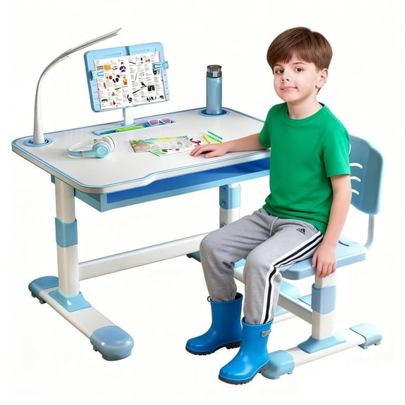 Floseru Height Adjustable Kids Desk and Chair Set, Kids Functional Desk and Chair Set, Children Study Desk, Study Table for School Writing Table for Writing Reading