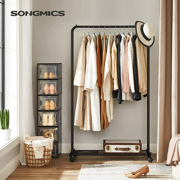SONGMICS 110 lb Load Capacity Clothes Rack with Wheels Garment Rack with Storage Shelf Clothing Rack for Bedroom 2 Brakes Steel Frame Black