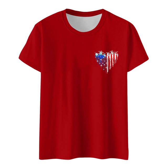 Hauts de Printemps pour Femmes Jour de l'Indépendance Drapeau Col Rond Imprimé Lettre Manches Courtes T-Shirts pour Femmes Rouge TTG