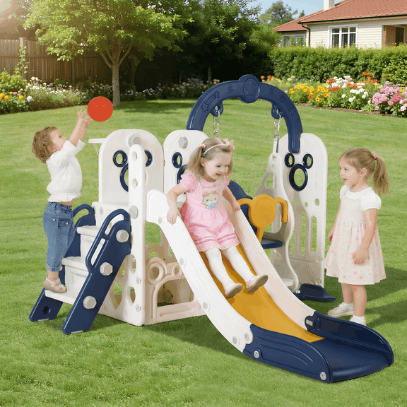 Arlopu Kids Slide & Swing Set, Large Toddler Slide Climber Playset w/ Ball & Basketball Hoop, Storage Space, Anti-Slip Steps, Indoor Outdoor Playground Toy for Boys & Girls 2 Years