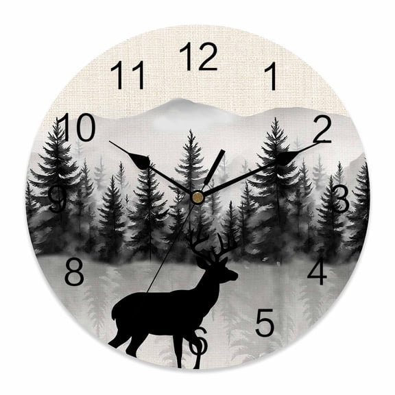 Wall Clock Deer Clocks PVC Silent Non-Ticking Battery Operated Decorative Animal Mount Forest Silhouette Linen Round Clock for Home Living Room Kitchen Bedroom Office School Wall Decor 10 Inch