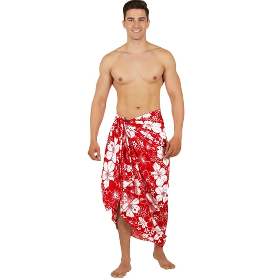 LA LEELA Men's Swimwear Beach Summer Pareo Long Sarong Wrap One Size Floral, Red Vacation Holiday Aloha