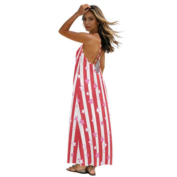 Women Summer Sleeveless Dresses Star Pink Flowy Casual Beach Sundress