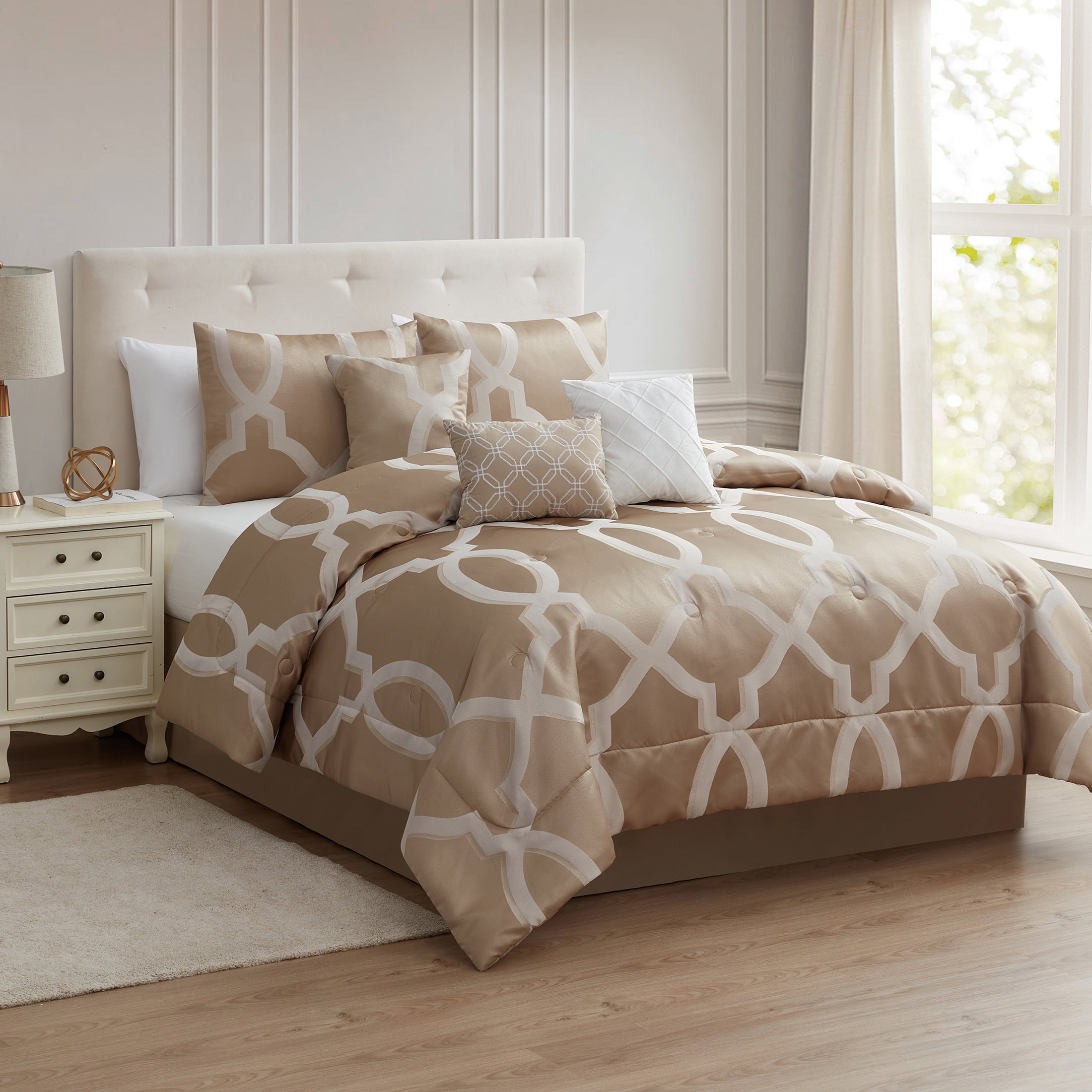 Mainstays Artemis 7-Piece Taupe Trellis Comforter Set, King
