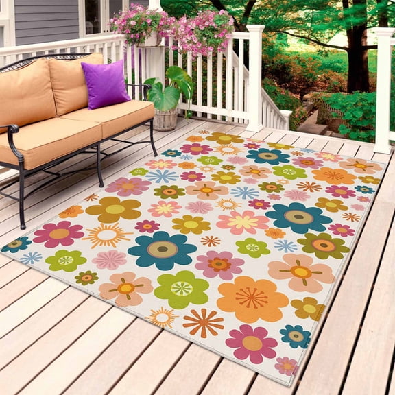 Vintage Boho Floral Outdoor Rug 3x5 Ft, Non Slip Washable Area Rug, Yellow Pink Floral Bohemia Beige Patio Rugs Carpet Runner, Large Floor Mat for Indoor/Outdoor Deck Porch Camping